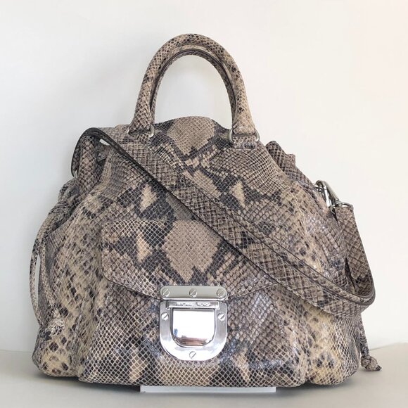 Michael Kors Python Embossed Leather Satchel Tan Black Dual Carry Bag Purse - Picture 1 of 16